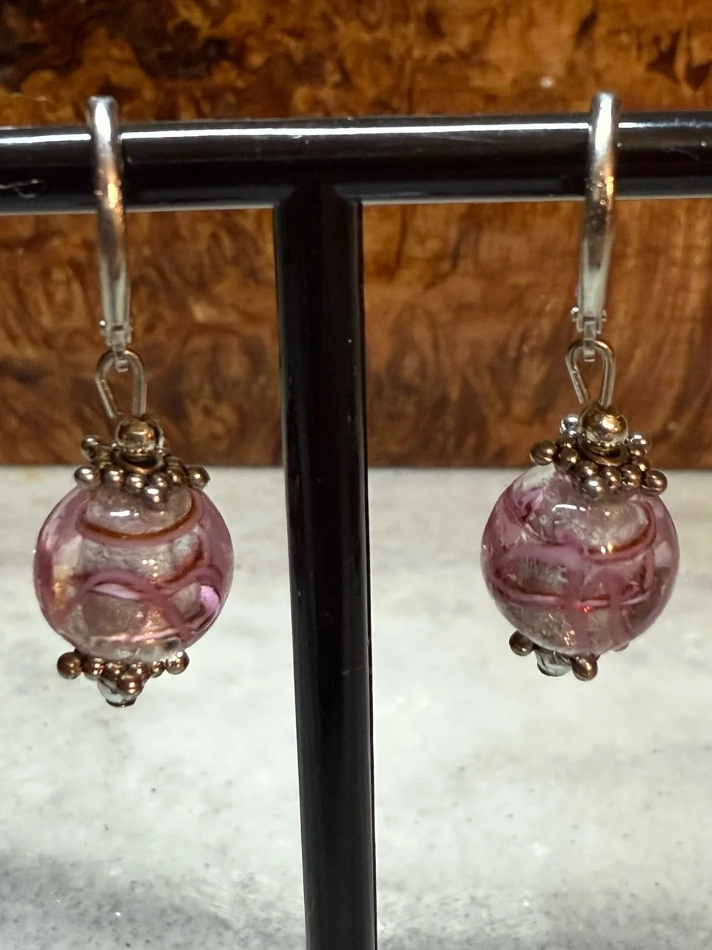 Murano Pink Glass Bead Drop Earrings with Silver Accents